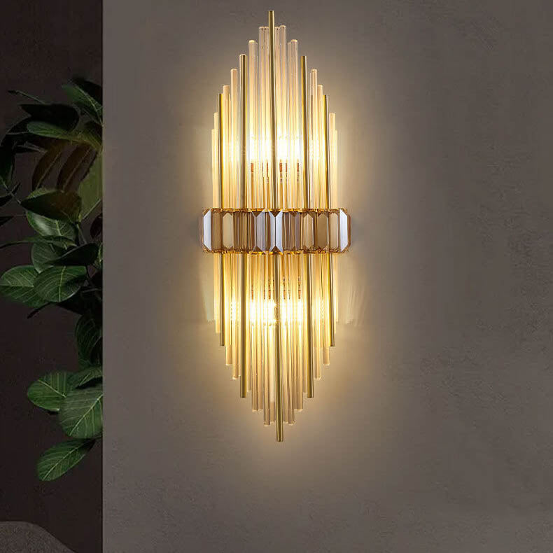 Modern Brass Crystal Tubular 2-Light Wall Sconce Lamp