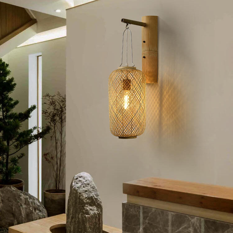 Bamboo Weaving Column Lantern 1-Light Wall Sconce Lamp