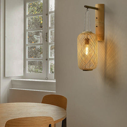Bamboo Weaving Column Lantern 1-Light Wall Sconce Lamp