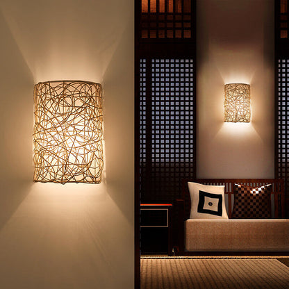 Rattan Weaving Half-Cylinder 1-Light Wall Sconce Lamp