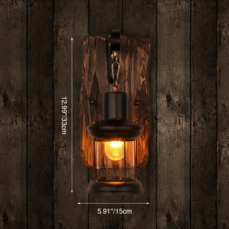 Cylinder Glass Iron Wooden Base 1-Light Wall Sconce Lamp