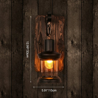 Cylinder Glass Iron Wooden Base 1-Light Wall Sconce Lamp