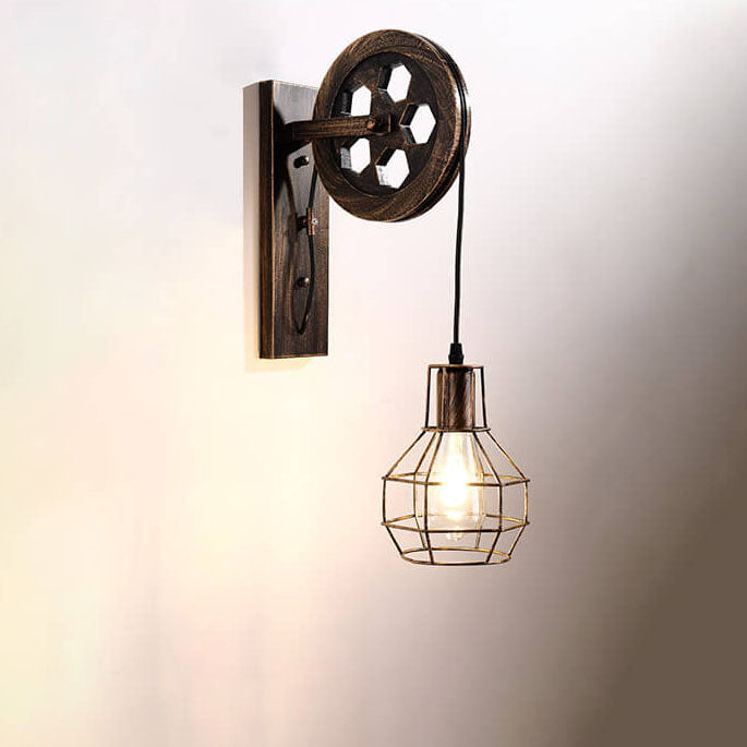 Vintage Iron Pulley Cage 1-Light Wall Sconce Lamp