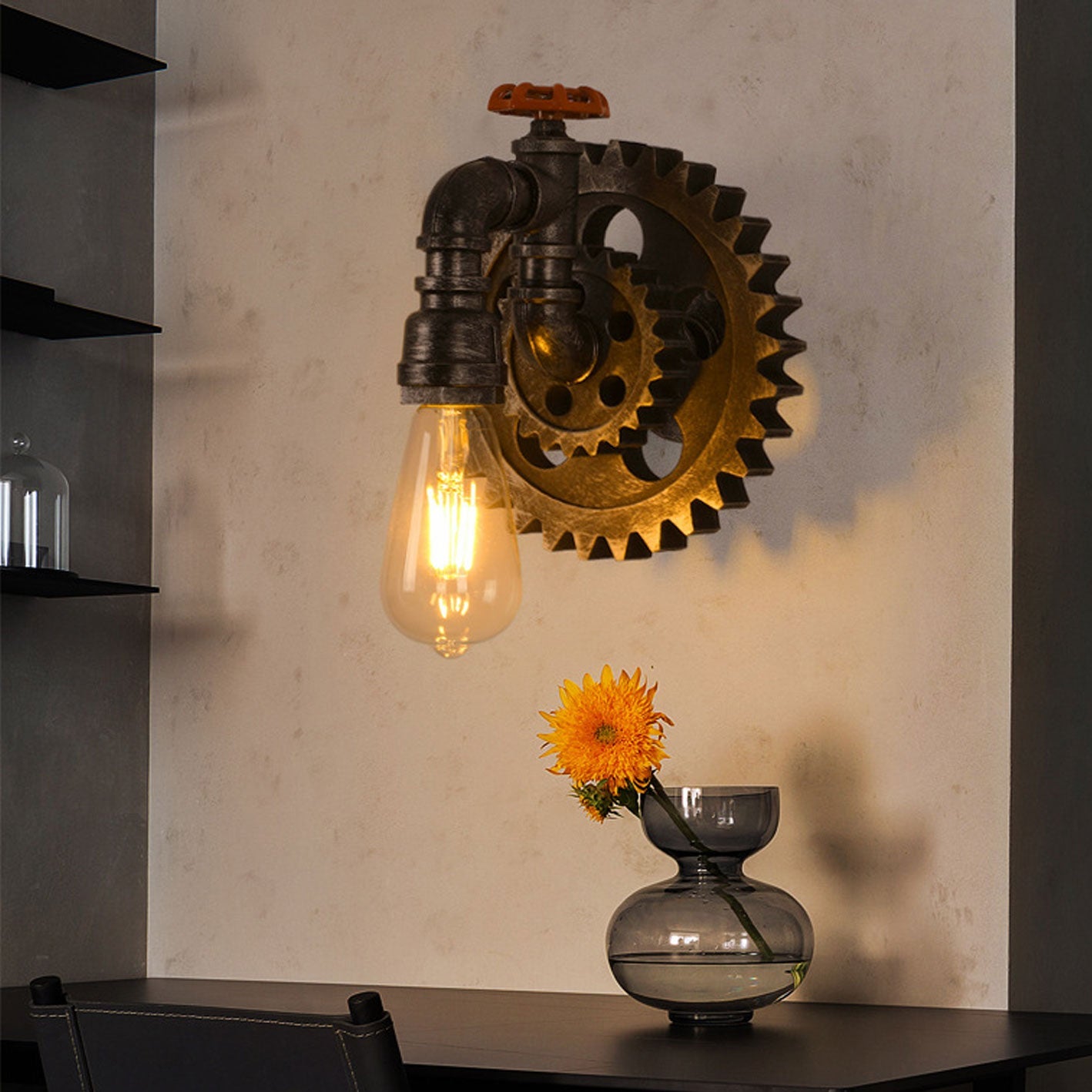 Gear-shaped Wrought Iron 1/2-Light Wall Sconce Lamp