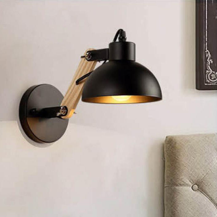 Dome Retractable Wood Arm 1-Light Wall Sconce Lamp