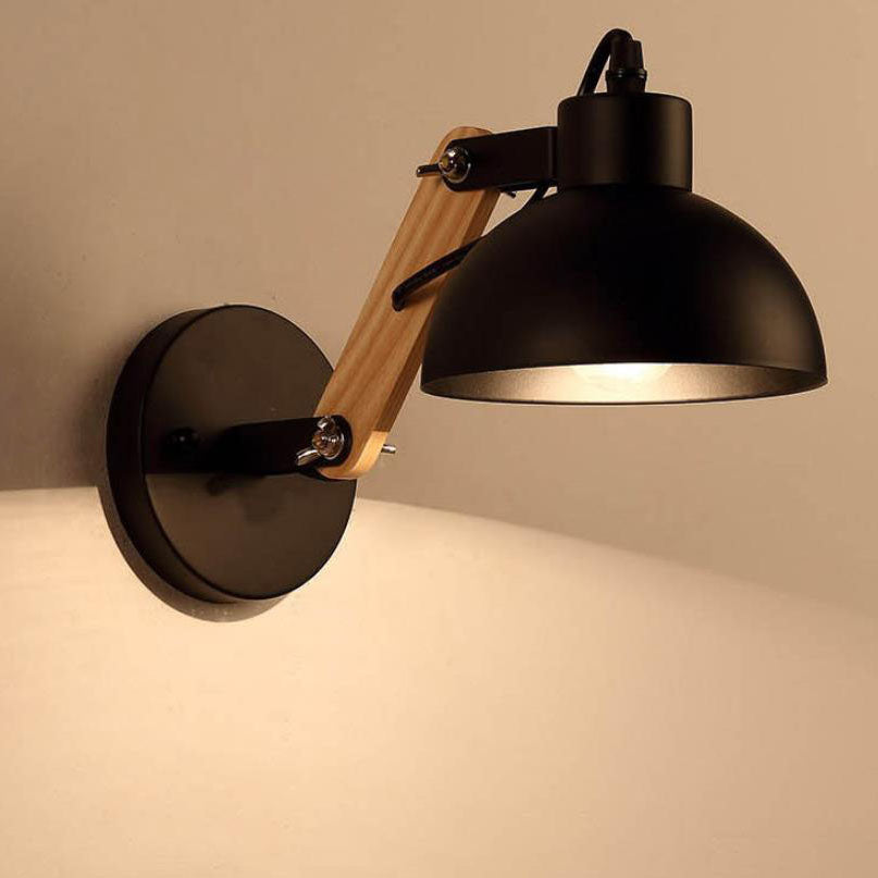 Dome Retractable Wood Arm 1-Light Wall Sconce Lamp