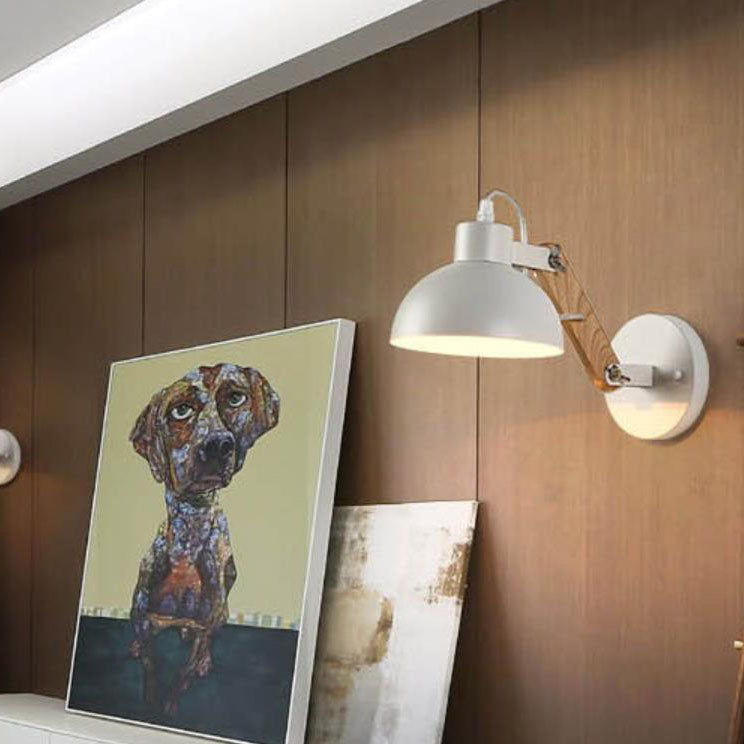Dome Retractable Wood Arm 1-Light Wall Sconce Lamp