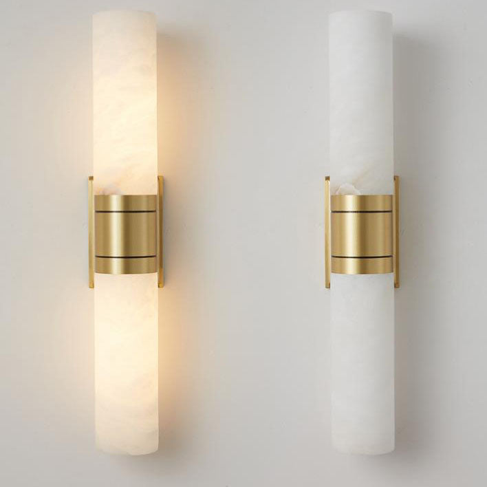 Mid-Century Marble Column Copper 2-Light Wall Sconce Lamp