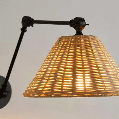 Rattan Cone Shade Iron Swing Arm 1-Light Wall Sconce Lamp