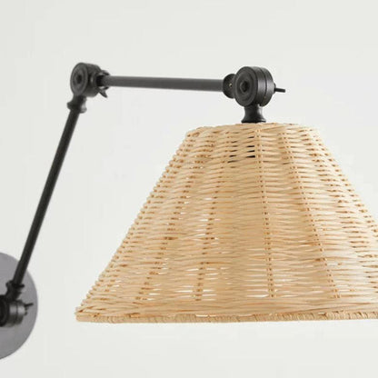 Rattan Cone Shade Iron Swing Arm 1-Light Wall Sconce Lamp