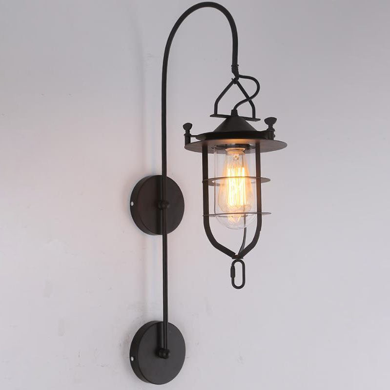 Iron Glass Cage Curved Arm 1-Light Wall Sconce Lamp
