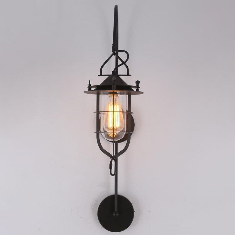 Iron Glass Cage Curved Arm 1-Light Wall Sconce Lamp