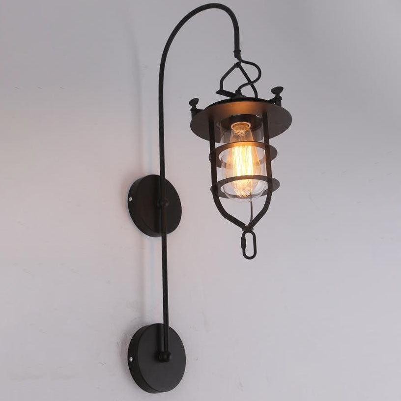 Iron Glass Cage Curved Arm 1-Light Wall Sconce Lamp