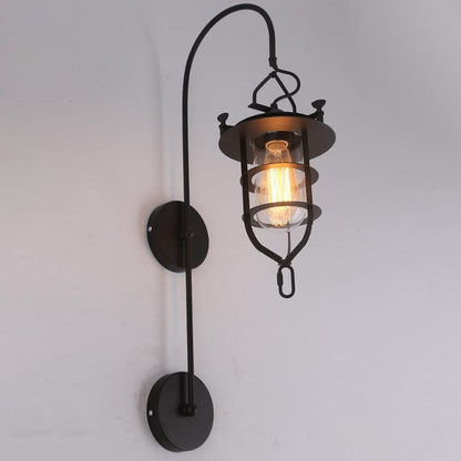 Iron Glass Cage Curved Arm 1-Light Wall Sconce Lamp