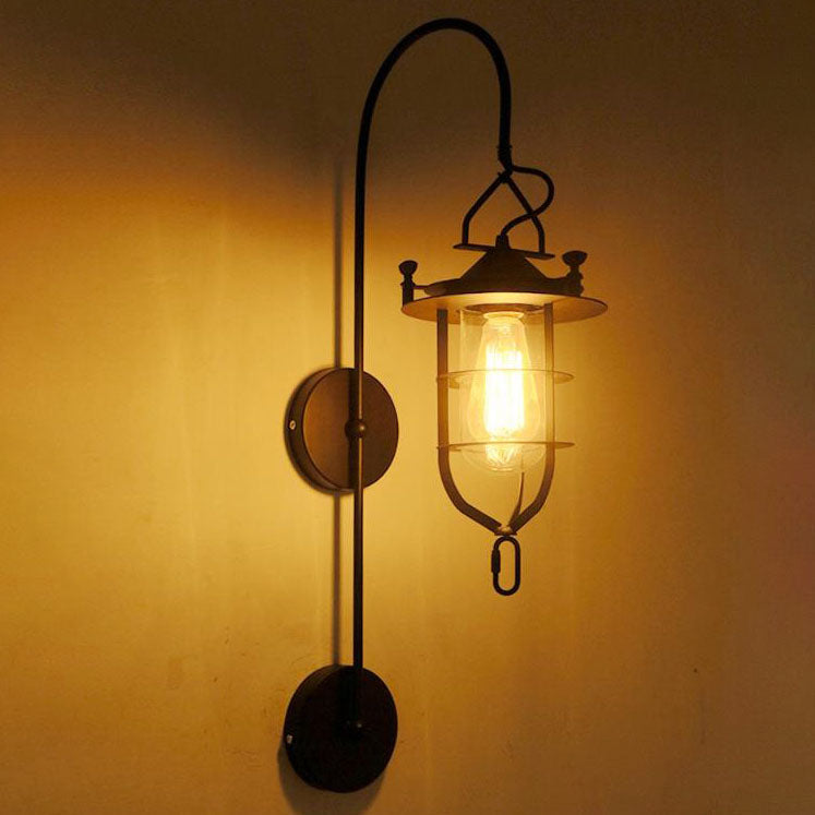 Iron Glass Cage Curved Arm 1-Light Wall Sconce Lamp
