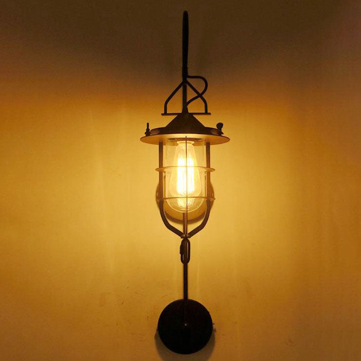 Iron Glass Cage Curved Arm 1-Light Wall Sconce Lamp