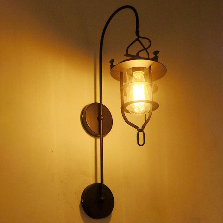 Iron Glass Cage Curved Arm 1-Light Wall Sconce Lamp