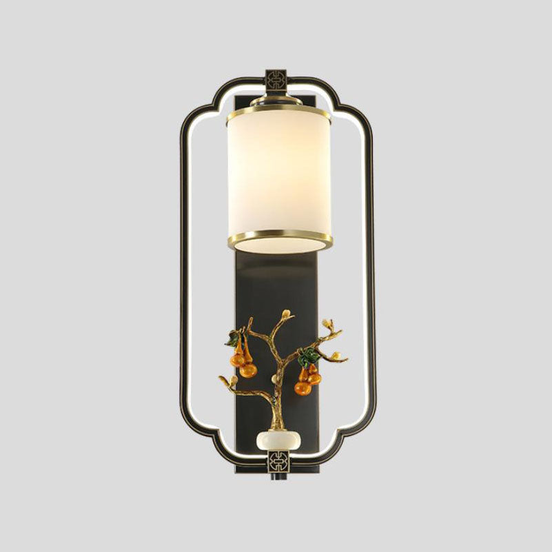 Chinese Jade Copper Square Oval 1- Light Wall Sconce Lamp