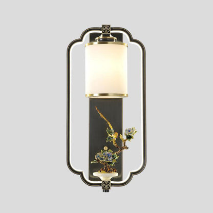 Chinese Jade Copper Square Oval 1- Light Wall Sconce Lamp