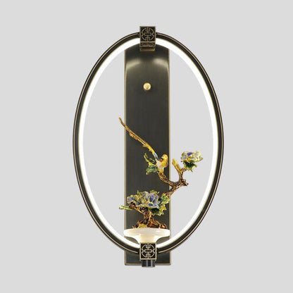 Chinese Jade Copper Square Oval 1- Light Wall Sconce Lamp