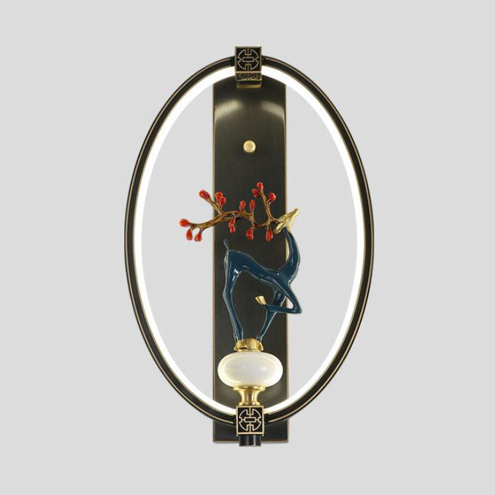 Chinese Jade Copper Square Oval 1- Light Wall Sconce Lamp