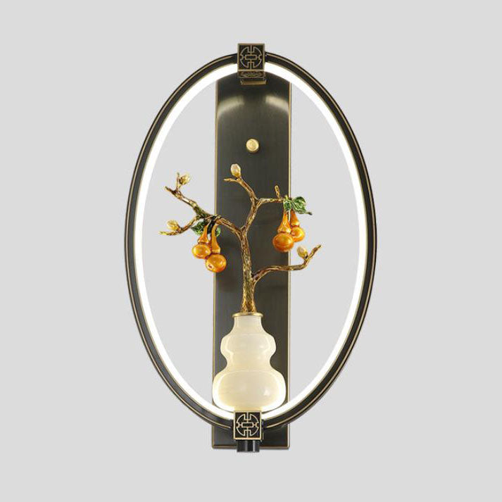 Chinese Jade Copper Square Oval 1- Light Wall Sconce Lamp