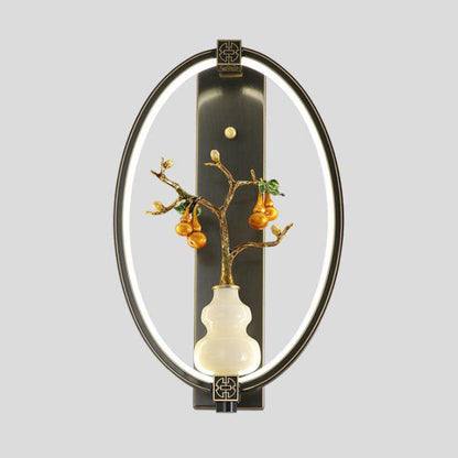 Chinese Jade Copper Square Oval 1- Light Wall Sconce Lamp