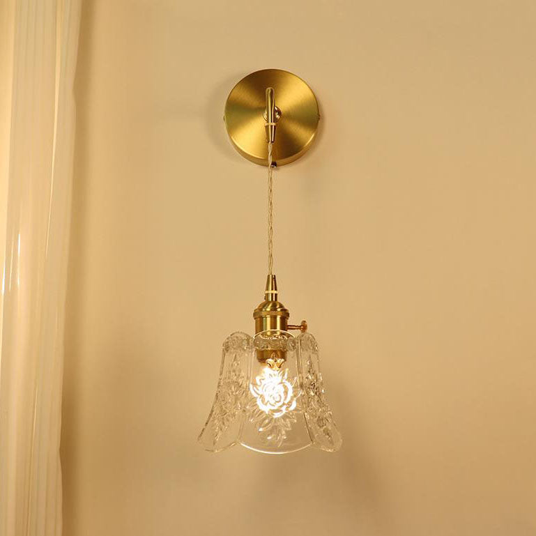 French Brass Carved Glass 1-Light Wall Sconce Lamp