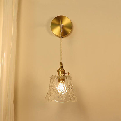 French Brass Carved Glass 1-Light Wall Sconce Lamp
