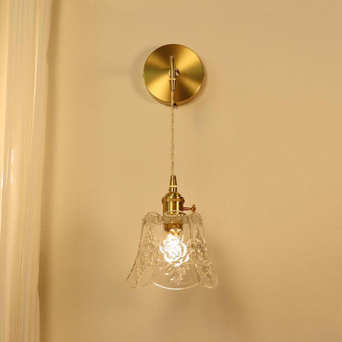 French Brass Carved Glass 1-Light Wall Sconce Lamp