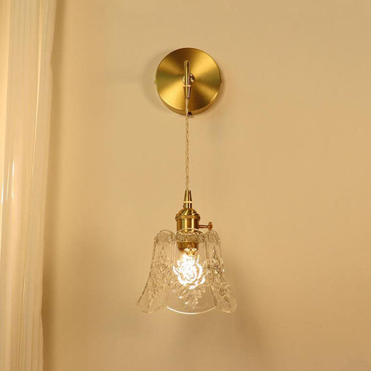 French Brass Carved Glass 1-Light Wall Sconce Lamp
