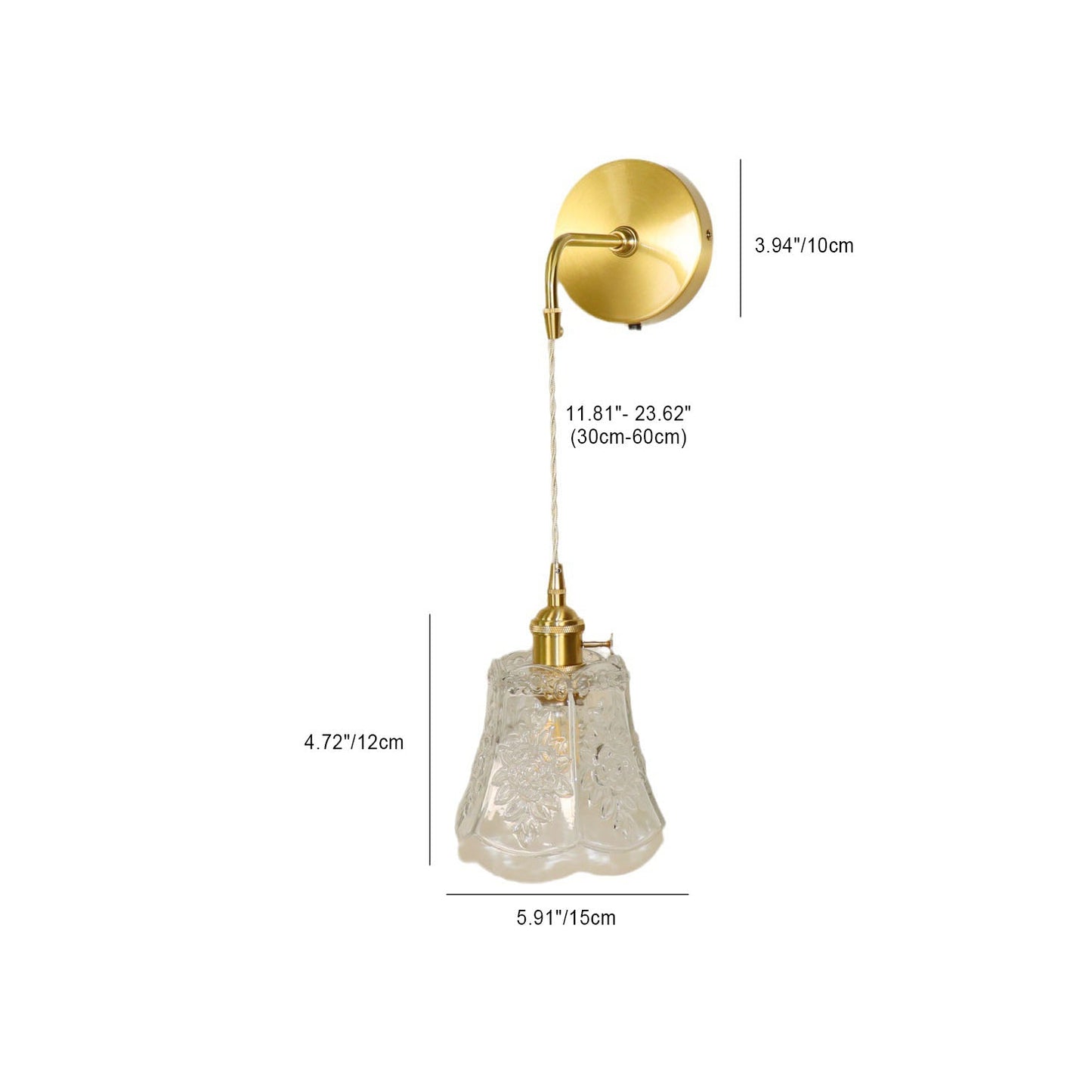 French Brass Carved Glass 1-Light Wall Sconce Lamp