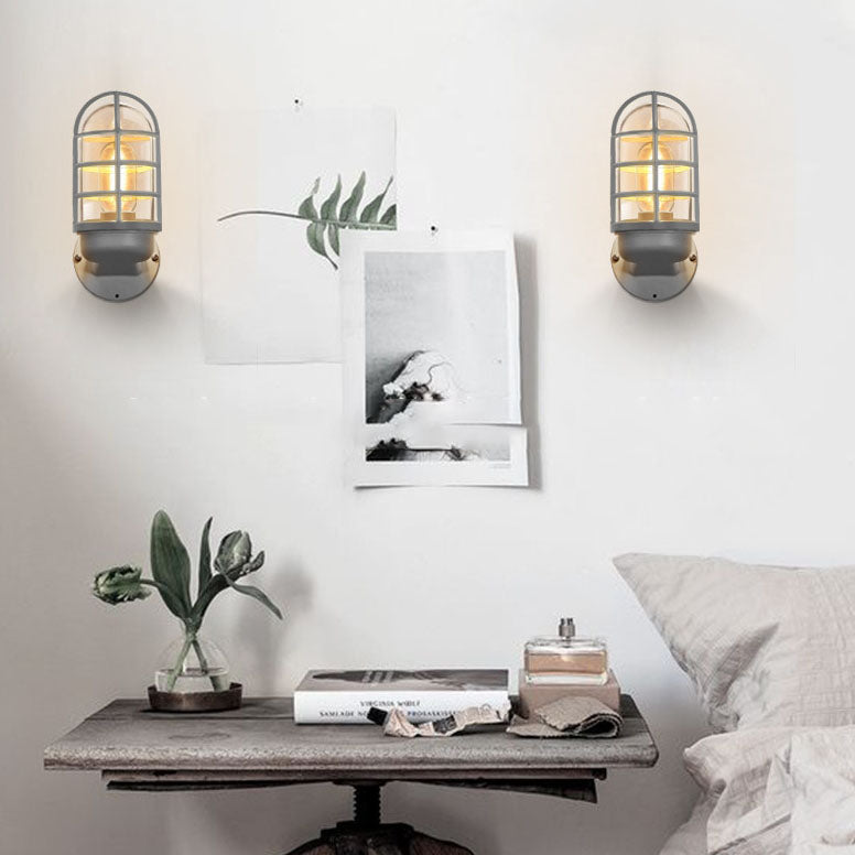 Macaron Cylinder Grid Iron Glass 1-Light Wall Sconce Lamp
