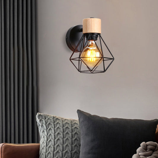 Luxury Iron Wood Polygon Diamond 1-Light Wall Sconce Lamp