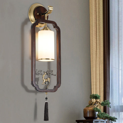 Chinese Rectangular Cylinder Deer 1-Light Wall Sconce Lamp