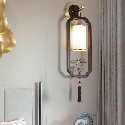 Chinese Rectangular Cylinder Deer 1-Light Wall Sconce Lamp
