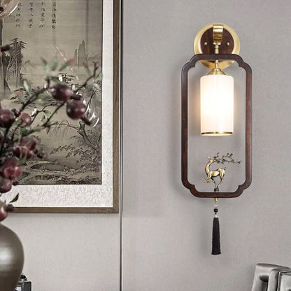 Chinese Rectangular Cylinder Deer 1-Light Wall Sconce Lamp