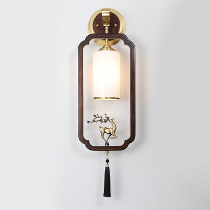 Chinese Rectangular Cylinder Deer 1-Light Wall Sconce Lamp