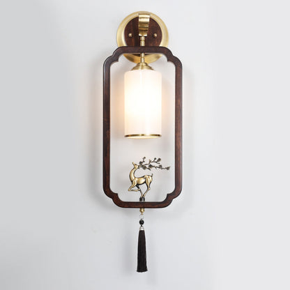 Chinese Rectangular Cylinder Deer 1-Light Wall Sconce Lamp