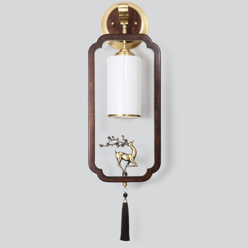Chinese Rectangular Cylinder Deer 1-Light Wall Sconce Lamp