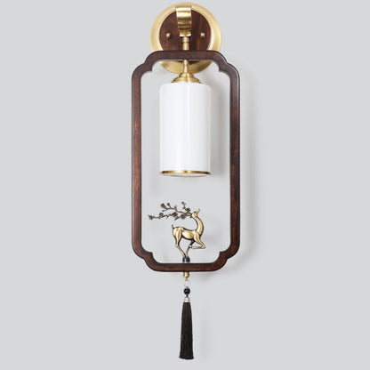 Chinese Rectangular Cylinder Deer 1-Light Wall Sconce Lamp
