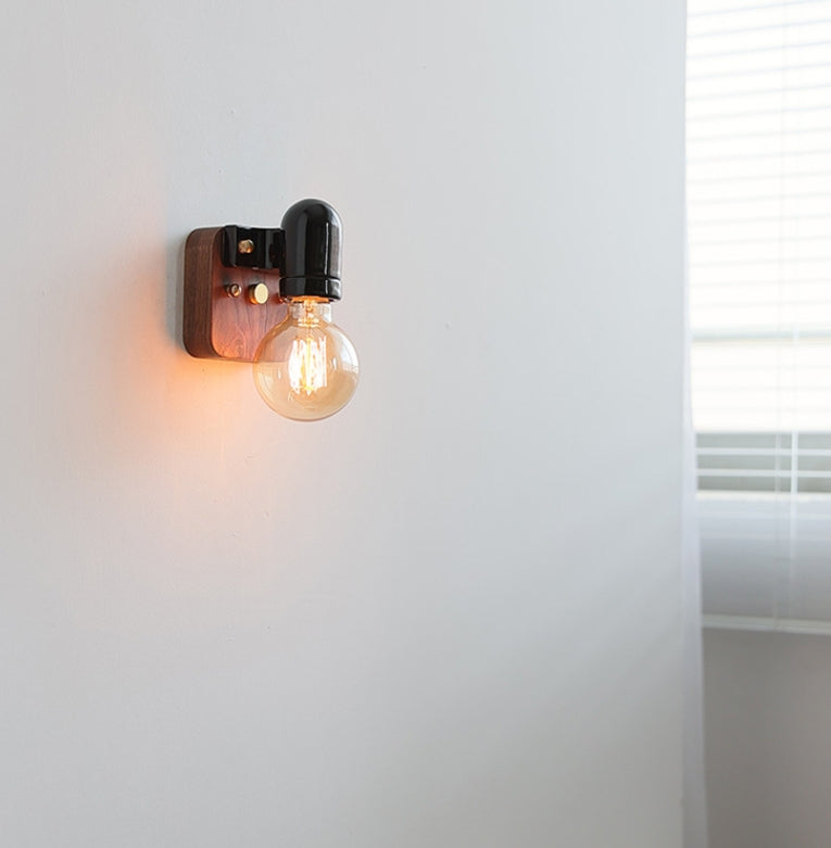 Ceramic Glass Shade Wood Base 1-Light Wall Sconce Lamp