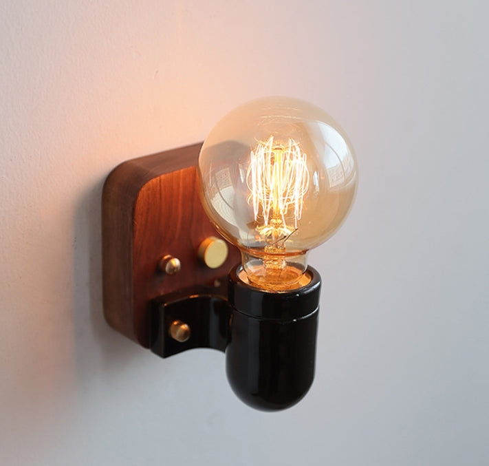 Ceramic Glass Shade Wood Base 1-Light Wall Sconce Lamp