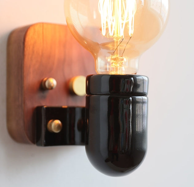 Ceramic Glass Shade Wood Base 1-Light Wall Sconce Lamp