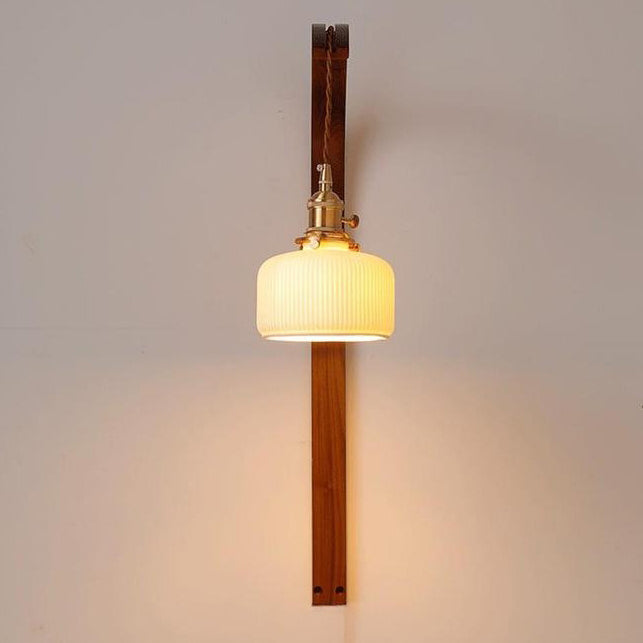 Japanese Shade Wood Curved Pole 1-Light Wall Sconce Lamp