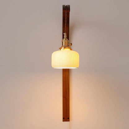 Japanese Shade Wood Curved Pole 1-Light Wall Sconce Lamp