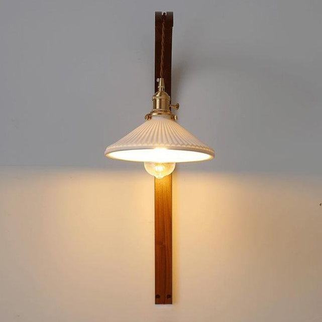 Japanese Shade Wood Curved Pole 1-Light Wall Sconce Lamp