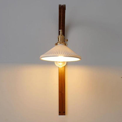 Japanese Shade Wood Curved Pole 1-Light Wall Sconce Lamp