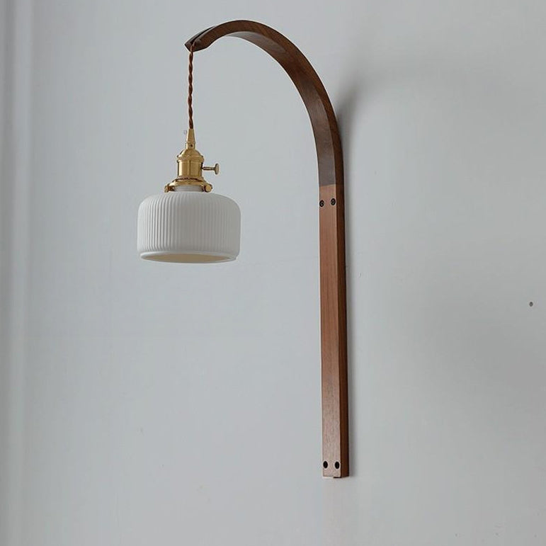 Japanese Shade Wood Curved Pole 1-Light Wall Sconce Lamp