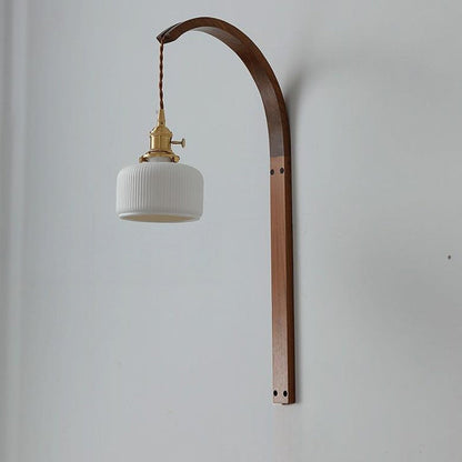 Japanese Shade Wood Curved Pole 1-Light Wall Sconce Lamp